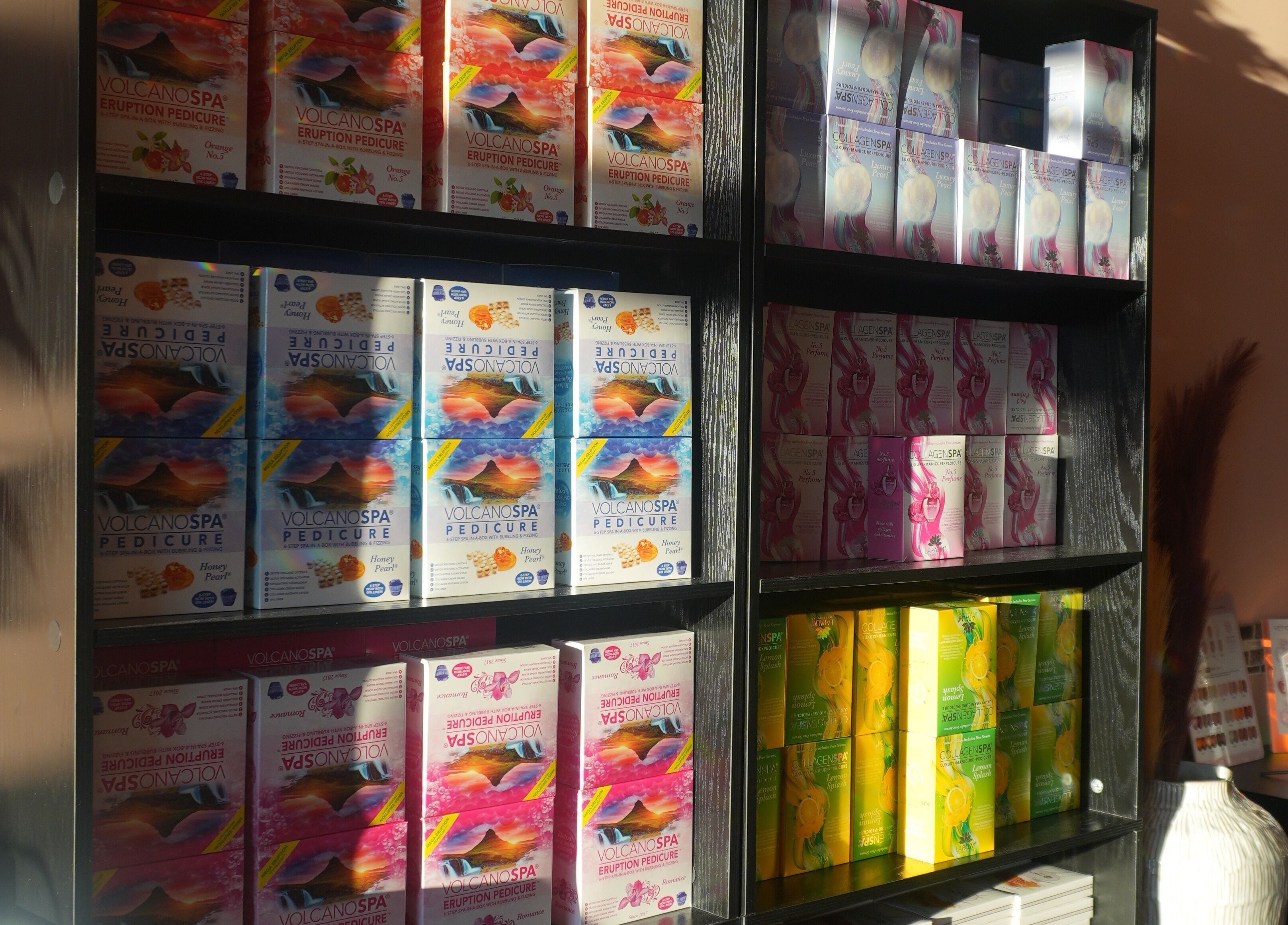 Variety of pedicure products beautifully displayed at Awesome Nails, Lexington, Kentucky, US.