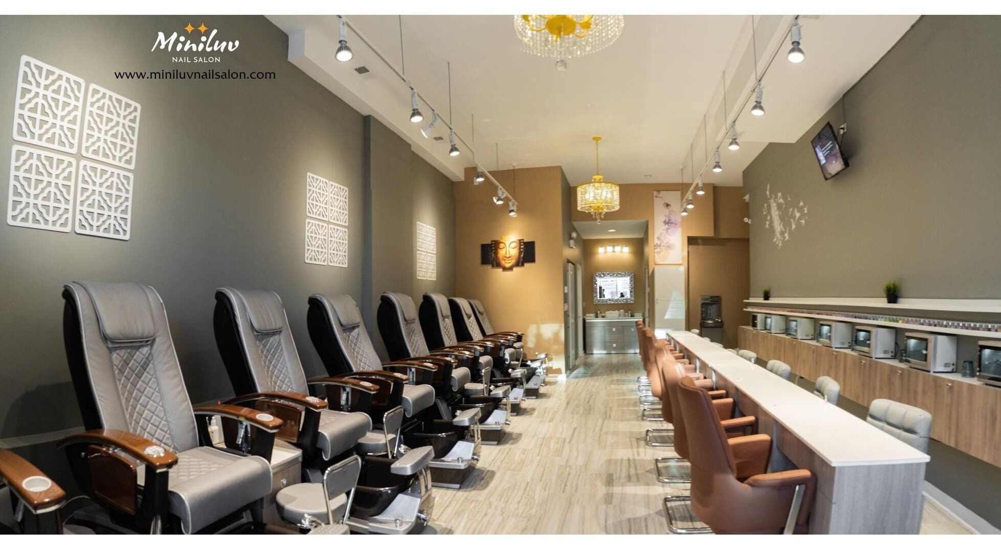 Interior view of Miniluv Nail Salon, Chicago, Illinois, US showcasing modern pedicure chairs and manicure stations.