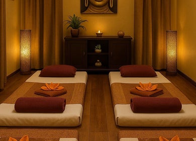 Masszázs szoba a NUCHABA Thai Massage szalonban, Budapest, Magyar, HU, tradicionális hangulattal.