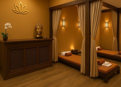 NUCHABA Thai Massage pihentető kezelőhelyiség Budapest, Magyar, HU belsejében.