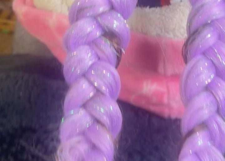 Sparkling lavender braids at Mystical Masks ✨ in Mornington, Vic, AU salon highlighting unique hair artistry.