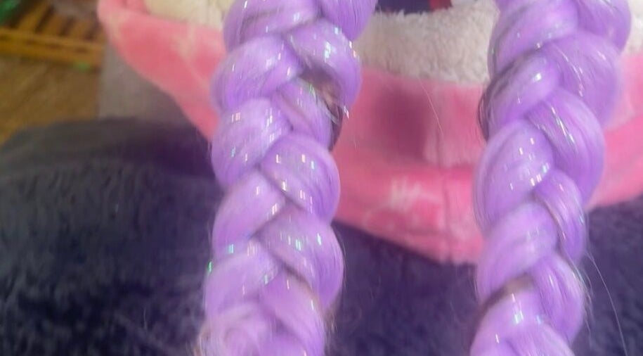 Sparkling lavender braids at Mystical Masks ✨ in Mornington, Vic, AU salon highlighting unique hair artistry.
