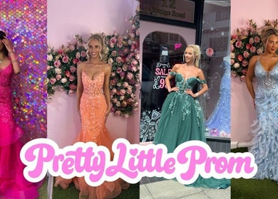 Pretty Little Prom venue in Darlington, England, GB, showcasing beautiful gowns against floral backdrops.