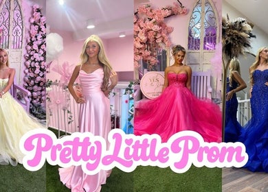 Pretty Little Prom in Darlington, England showcases elegant prom dresses in a vibrant, colorful display.