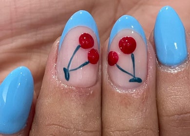 Cherry nail art by Traveling Nail Babe in Cape Town, Western Cape, ZA. Vibrant blue and cherry design.