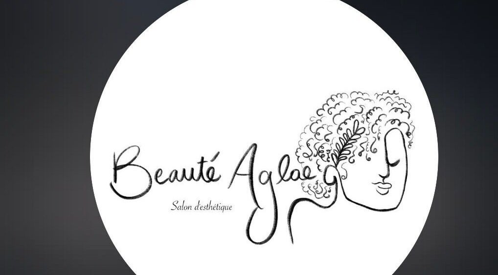 Logo du salon Beauté Aglaë situé à Montréal, Québec, CA, avec illustration artistique féminine.