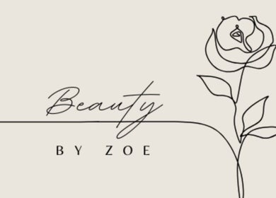 Elegant line art rose with 'Beauty by Zoe' text, London, England, GB.