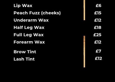 Service menu at Lush Brows, Cleethorpes, England, GB with various waxing and tinting options listed with prices.