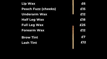 Service menu at Lush Brows, Cleethorpes, England, GB with various waxing and tinting options listed with prices.