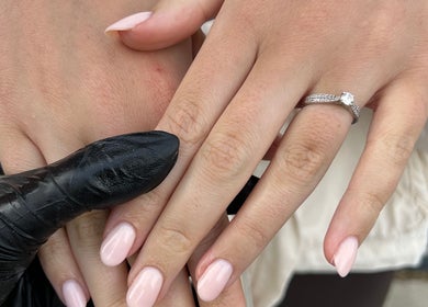 Close-up of manicured nails and ring at Prepped by Emily, Scarborough, England, GB.