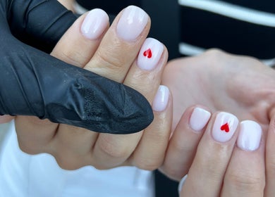 Gel nails with red heart at Prepped by Emily, Scarborough, England, GB.