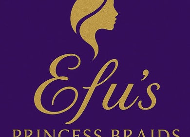 Logo of Efu’s Princess Braids in Addis Ababa, showcasing stylish golden text on a purple background.
