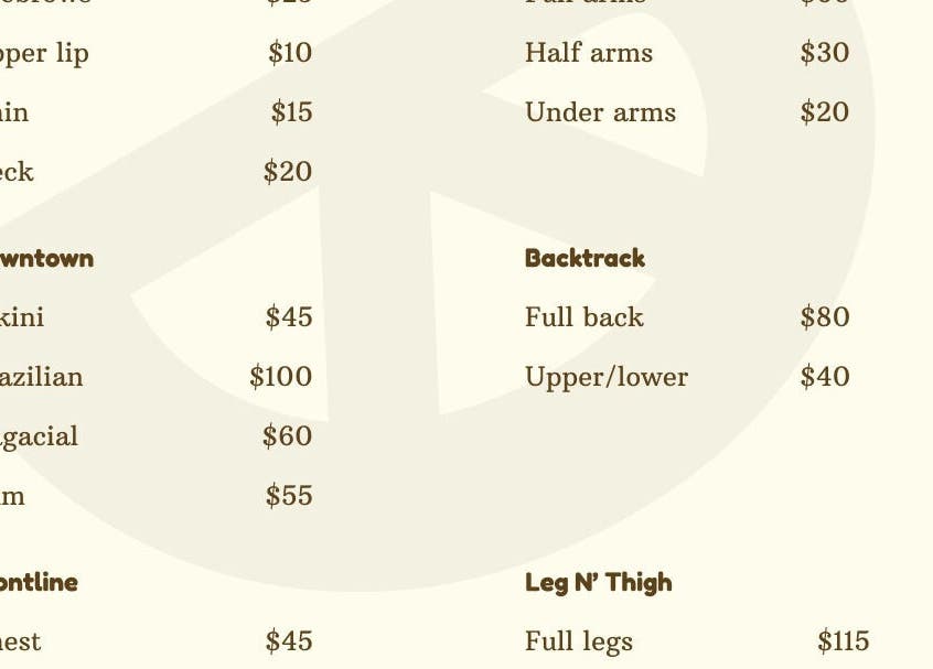 Lemon drop Sugaring price list for hair removal services at Rowans, Saint George, BB. Variety of offerings detailed.