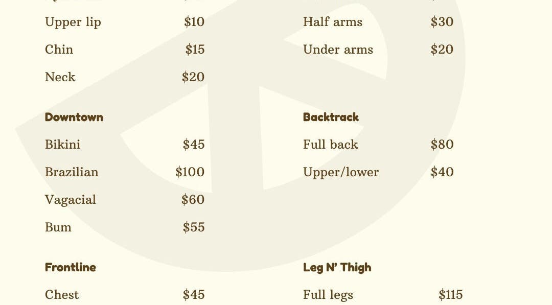Lemon drop Sugaring price list for hair removal services at Rowans, Saint George, BB. Variety of offerings detailed.