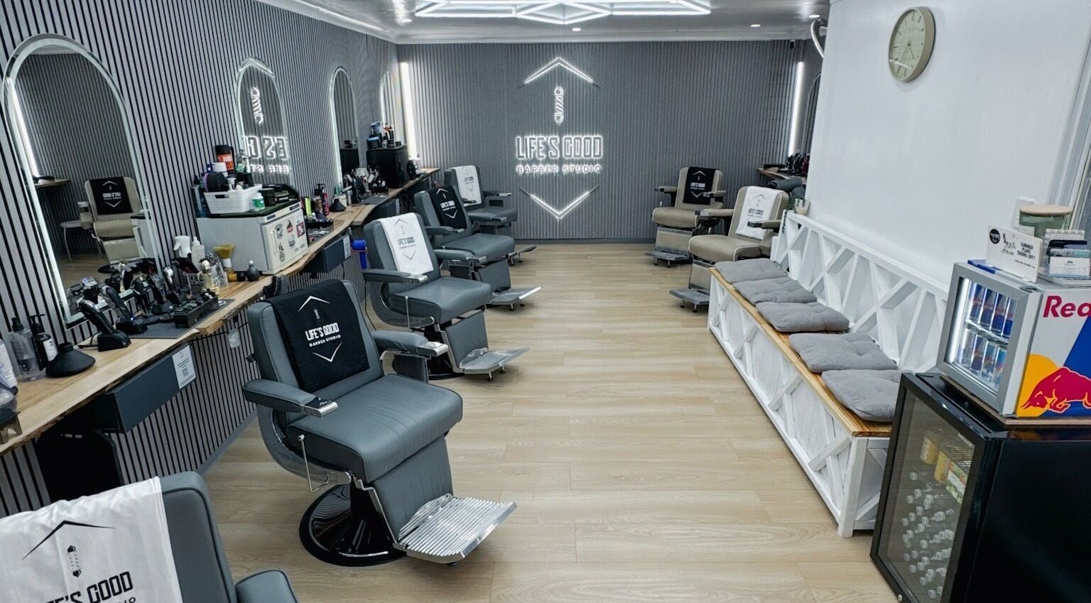Modern design of Life’s Good Barber Studio, Cannon Hill, Queensland, AU with stylish chairs and decor.