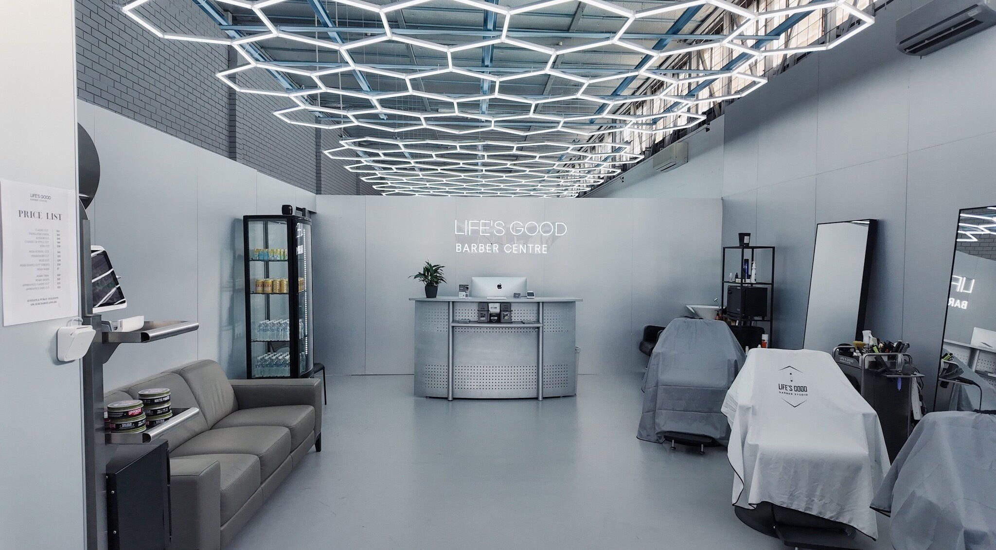 Interior of Life is Good Barber Centre in Coorparoo, Queensland, AU featuring sleek design and seating.