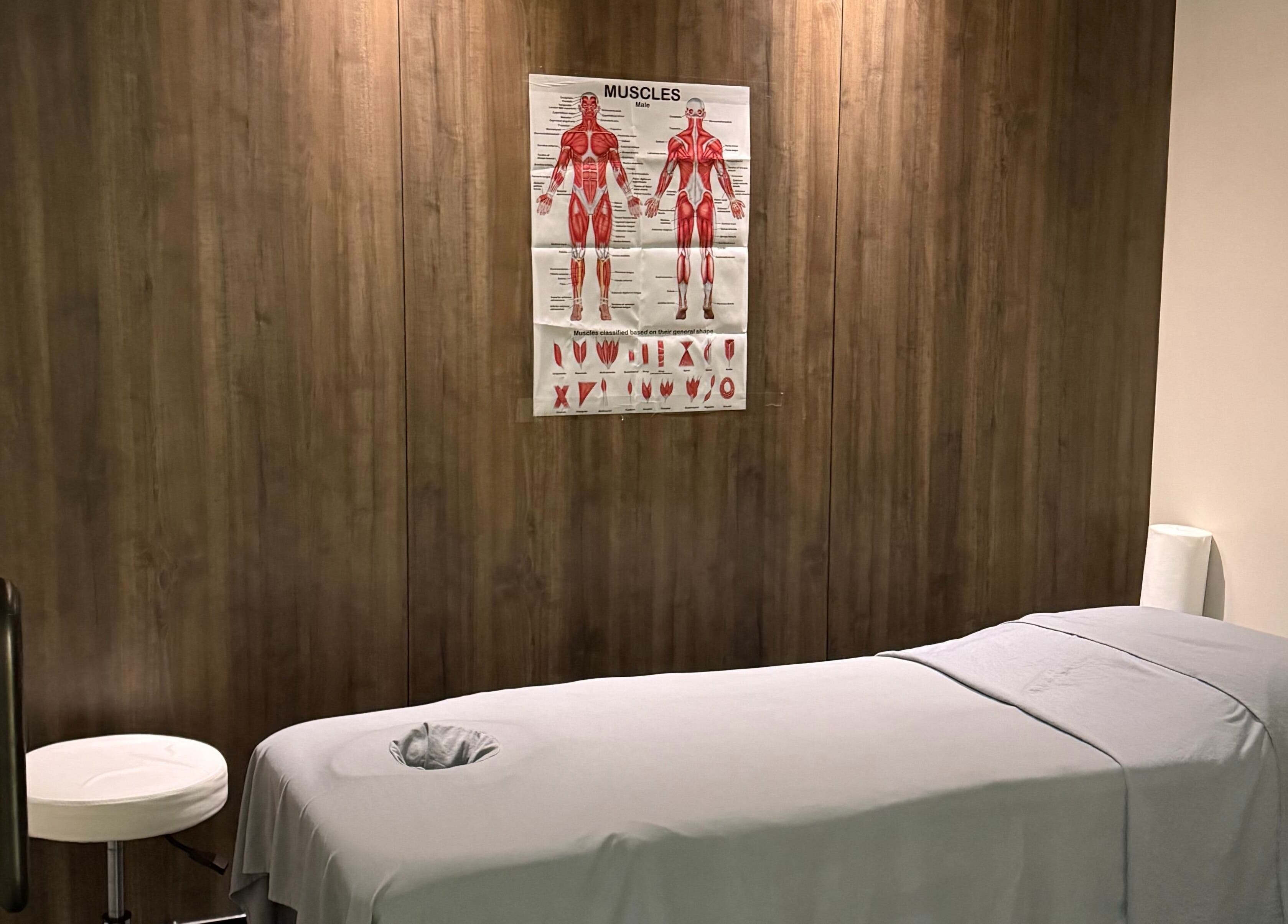 Massage room at Lumina Massage Wellness Center, Markham, Ontario, CA with a table and anatomy poster.