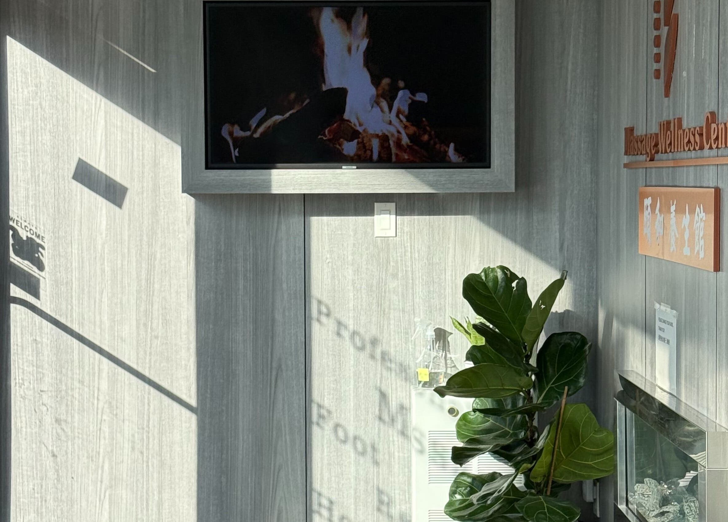 Cozy lobby at Lumina Massage Wellness Center with plants and fireplace in Markham, Ontario, CA.