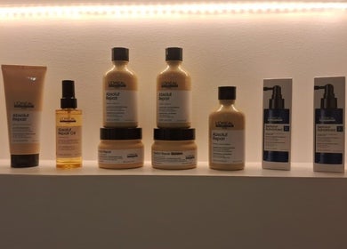Luxury hair products at Shine Bright Ladies Salon, Abu Dhabi, AE. Top-shelf brands for premium hair care.