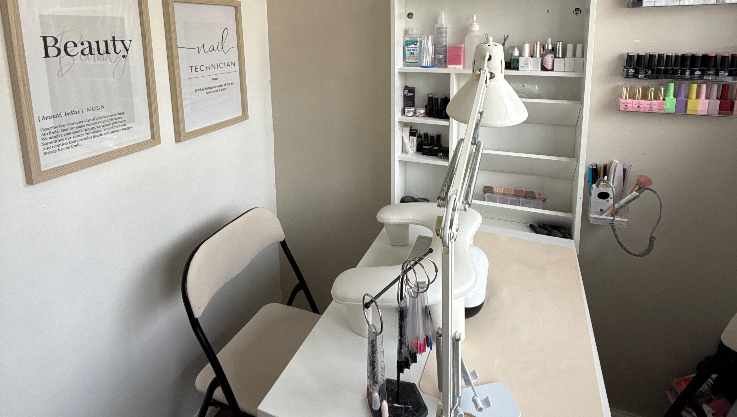 Chic nail studio at Gels By Ells, Bilston, England, GB, featuring a well-organized manicure station.