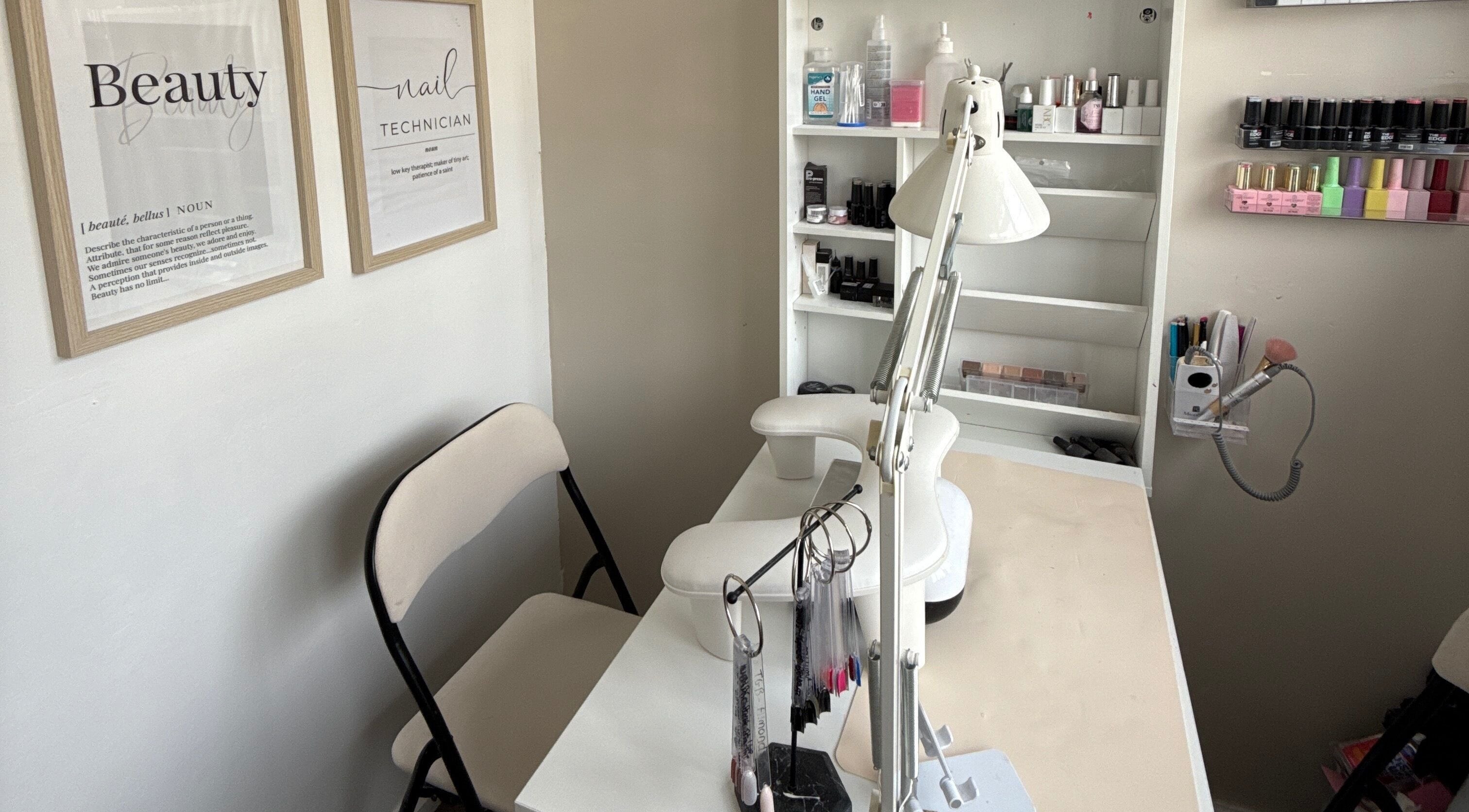 Chic nail studio at Gels By Ells, Bilston, England, GB, featuring a well-organized manicure station.