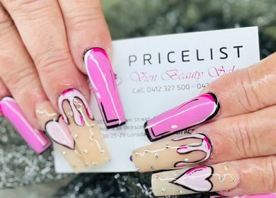 Stylish pink nail art at Vien Beauty Badham, Dickson, Australian Capital Territory, AU, showcased with price list.