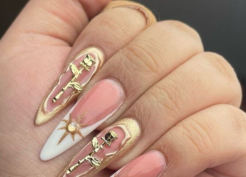 Elegant golden rose nail art at VBeauty Dickson, Dickson, Australian Capital Territory, AU.