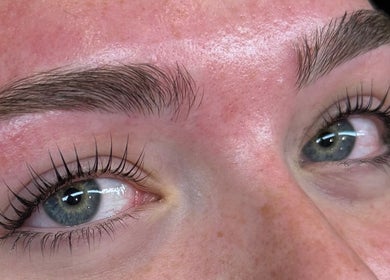Close-up of beautifully groomed eyebrows and lashes at Left & Right Beauty, Colchester, England, GB.