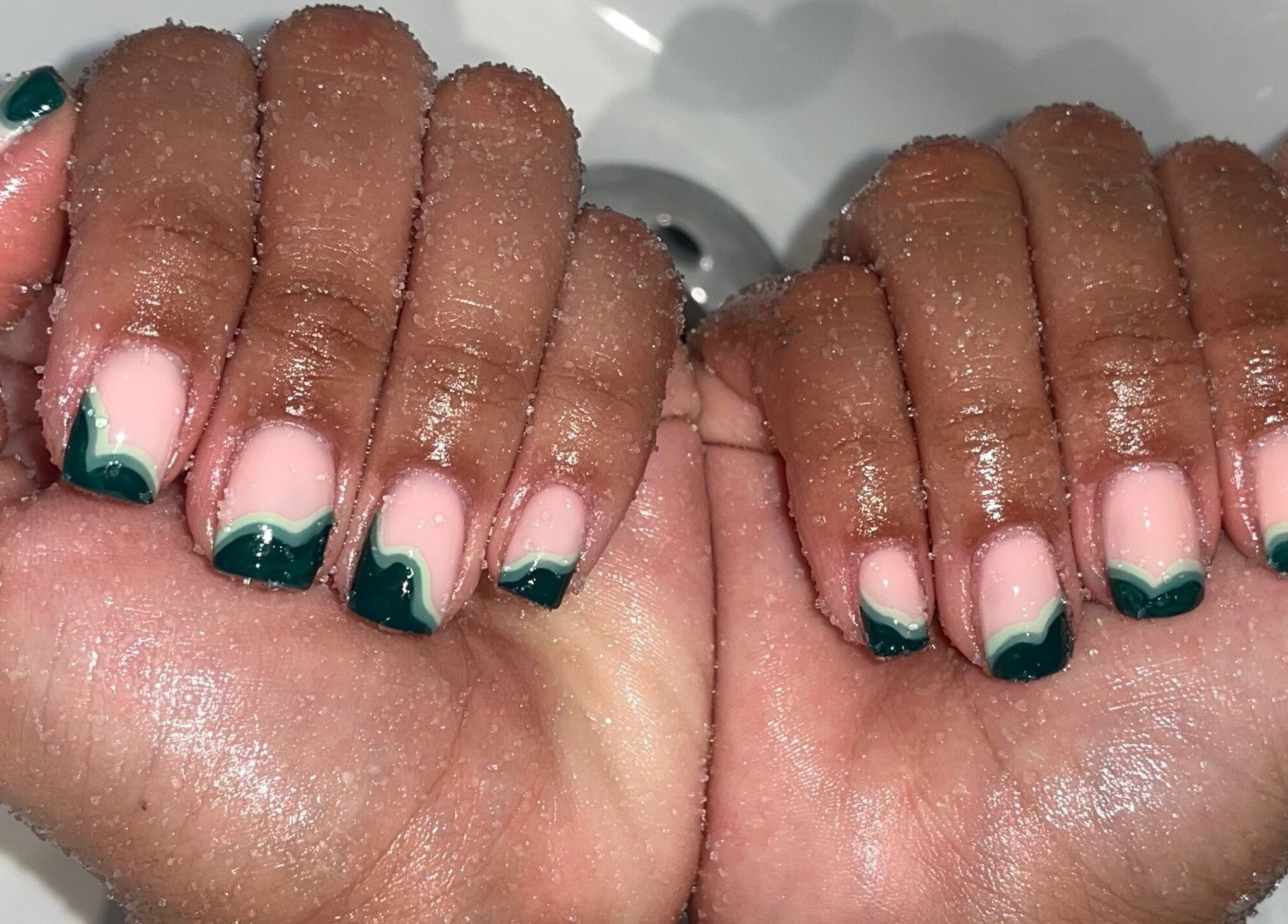 Detailed nail art with green accents at Left & Right Beauty, Colchester, England, GB.