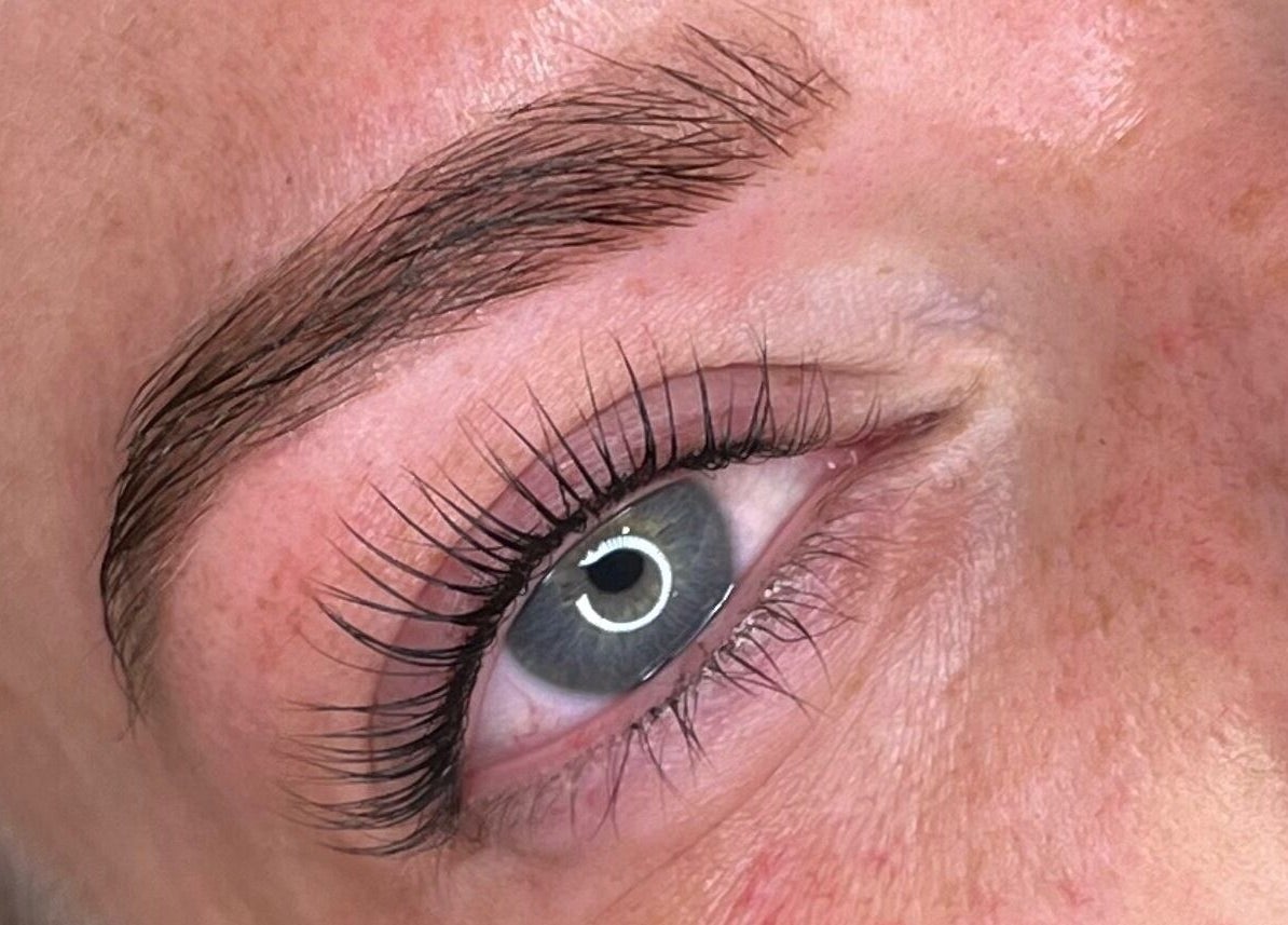 Close-up of styled eyebrow and lashes at Left & Right Beauty, Colchester, England, GB.