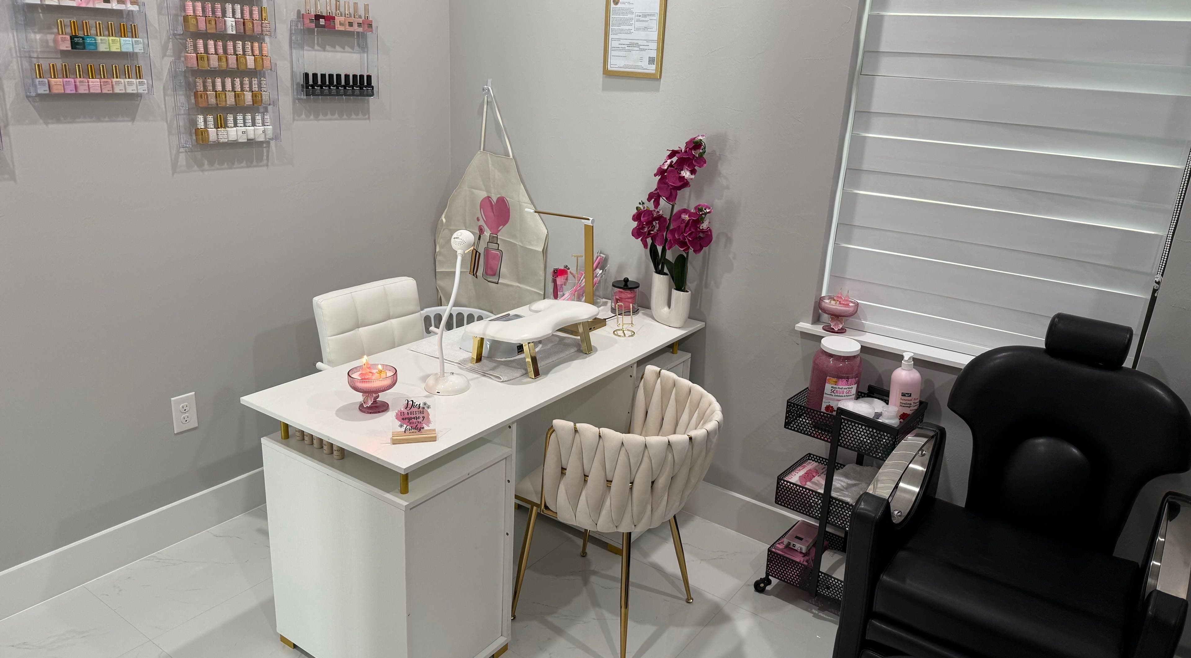 Elegant nail station at Gladys Nails Studio in Lehigh Acres, Florida, US, showcasing a stylish, modern design.