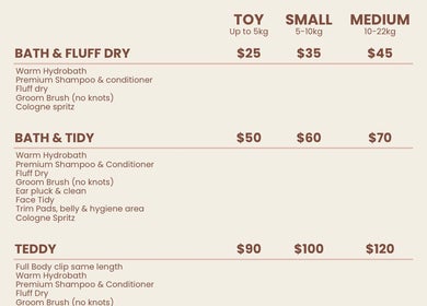 Kawaii Paws grooming price list in Newport, Queensland, AU showing various pet care options.