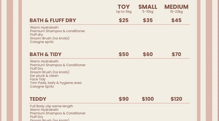 Kawaii Paws grooming price list in Newport, Queensland, AU showing various pet care options.