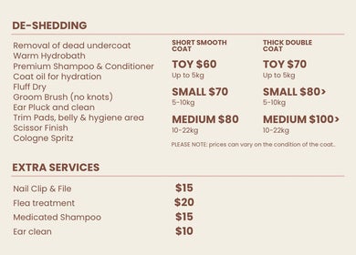 De-shedding services list at Kawaii Paws, Newport, Queensland, AU with prices for different coat types.