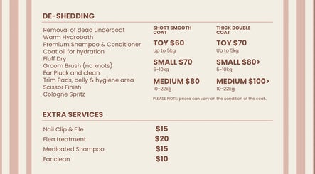 De-shedding services list at Kawaii Paws, Newport, Queensland, AU with prices for different coat types.