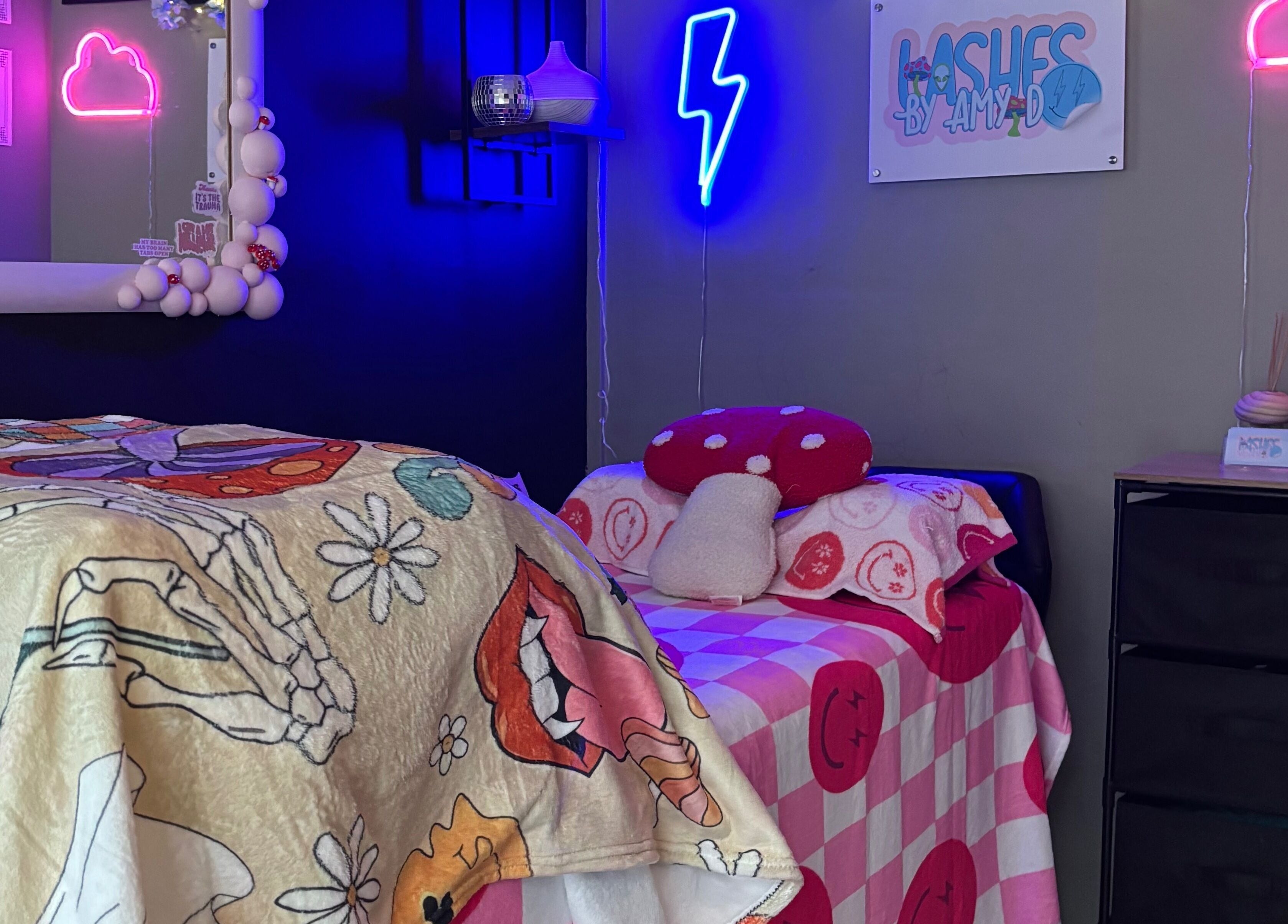 Cozy lash studio bed with neon lights at Lashes By Amy.D, Runcorn, England, GB.