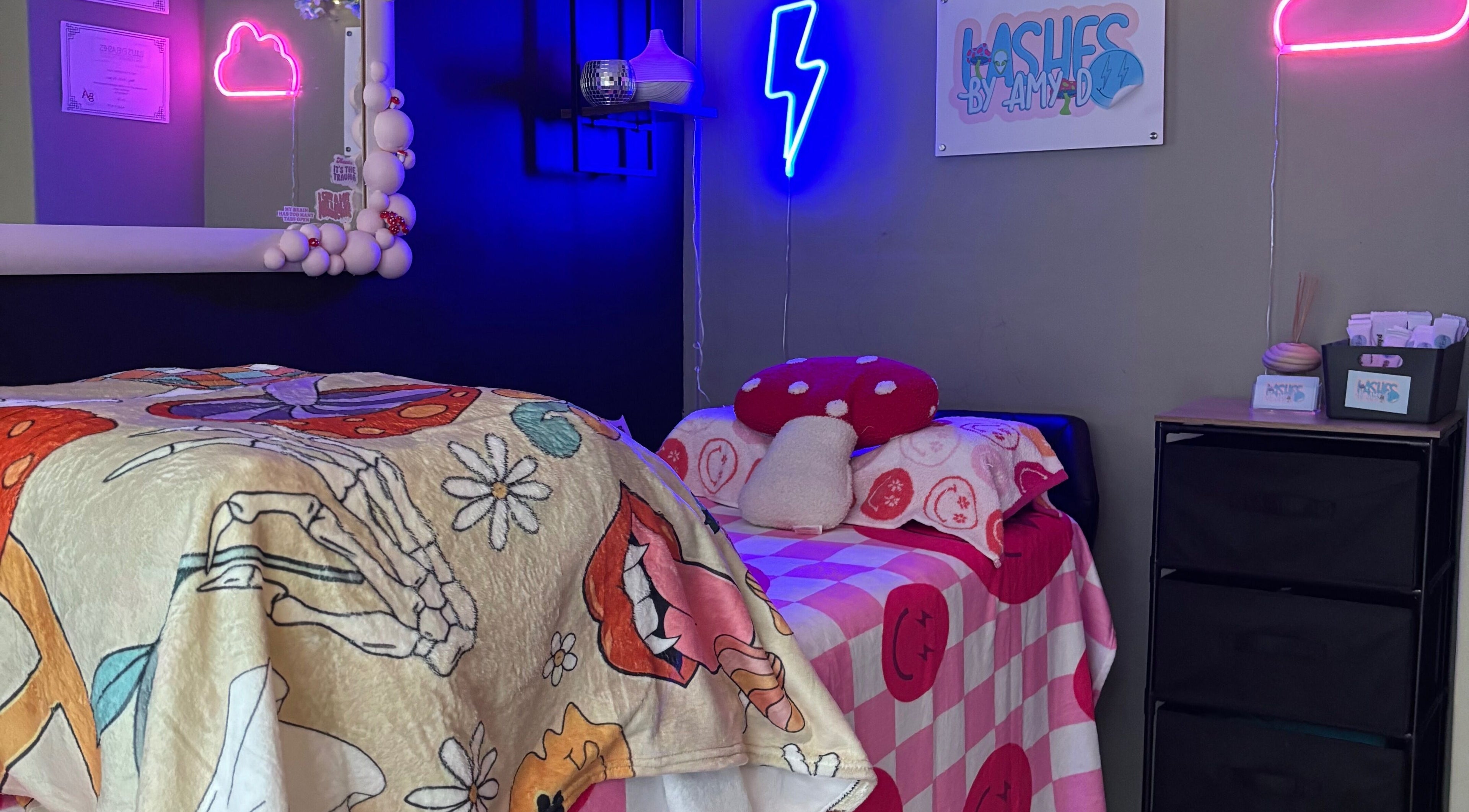 Cozy lash studio bed with neon lights at Lashes By Amy.D, Runcorn, England, GB.