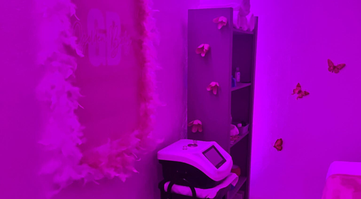Raffiné espace détente chez GOLDEN BODY, Saint-paul, Saint-paul, RE, éclairé en violet apaisant avec décor papillons.