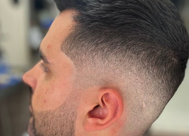 Close-up of a sharp fade haircut at Cutsbyraff, Dublin, County Dublin, IE.