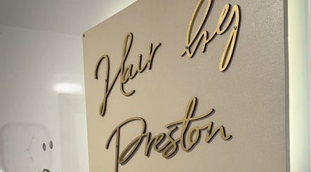 Hair by Preston sign in elegant font, Taunton, England, GB.