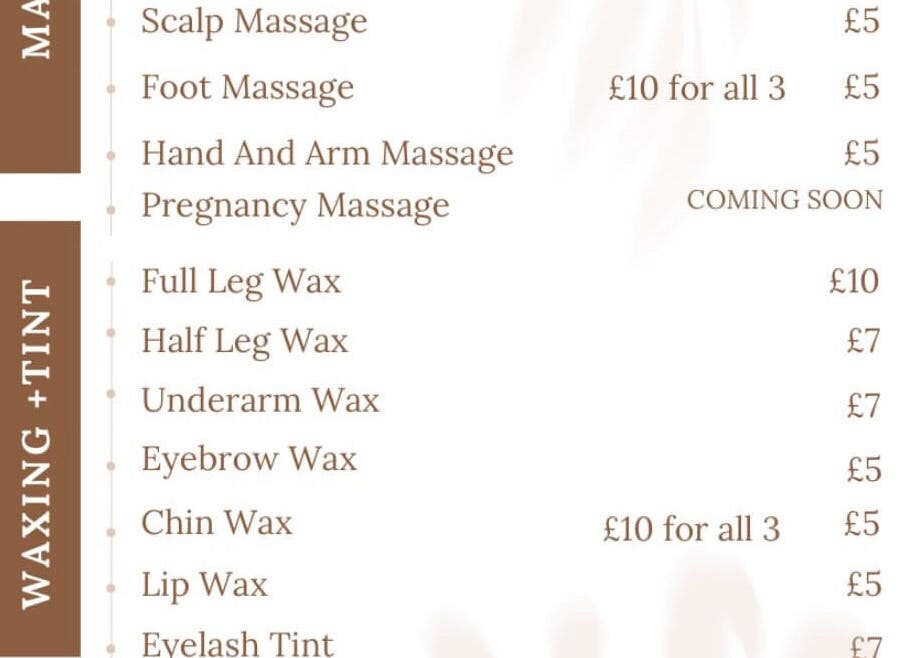 Service menu at Rejuvenate.br, Layer De La Haye, England, GB. Includes massages and waxing options with prices.