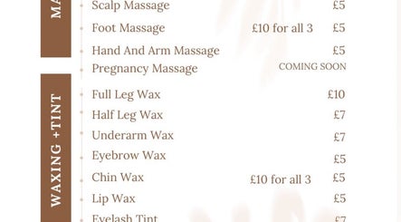 Service menu at Rejuvenate.br, Layer De La Haye, England, GB. Includes massages and waxing options with prices.