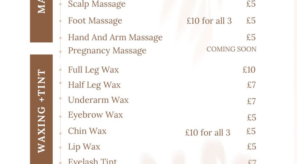 Service menu at Rejuvenate.br, Layer De La Haye, England, GB. Includes massages and waxing options with prices.