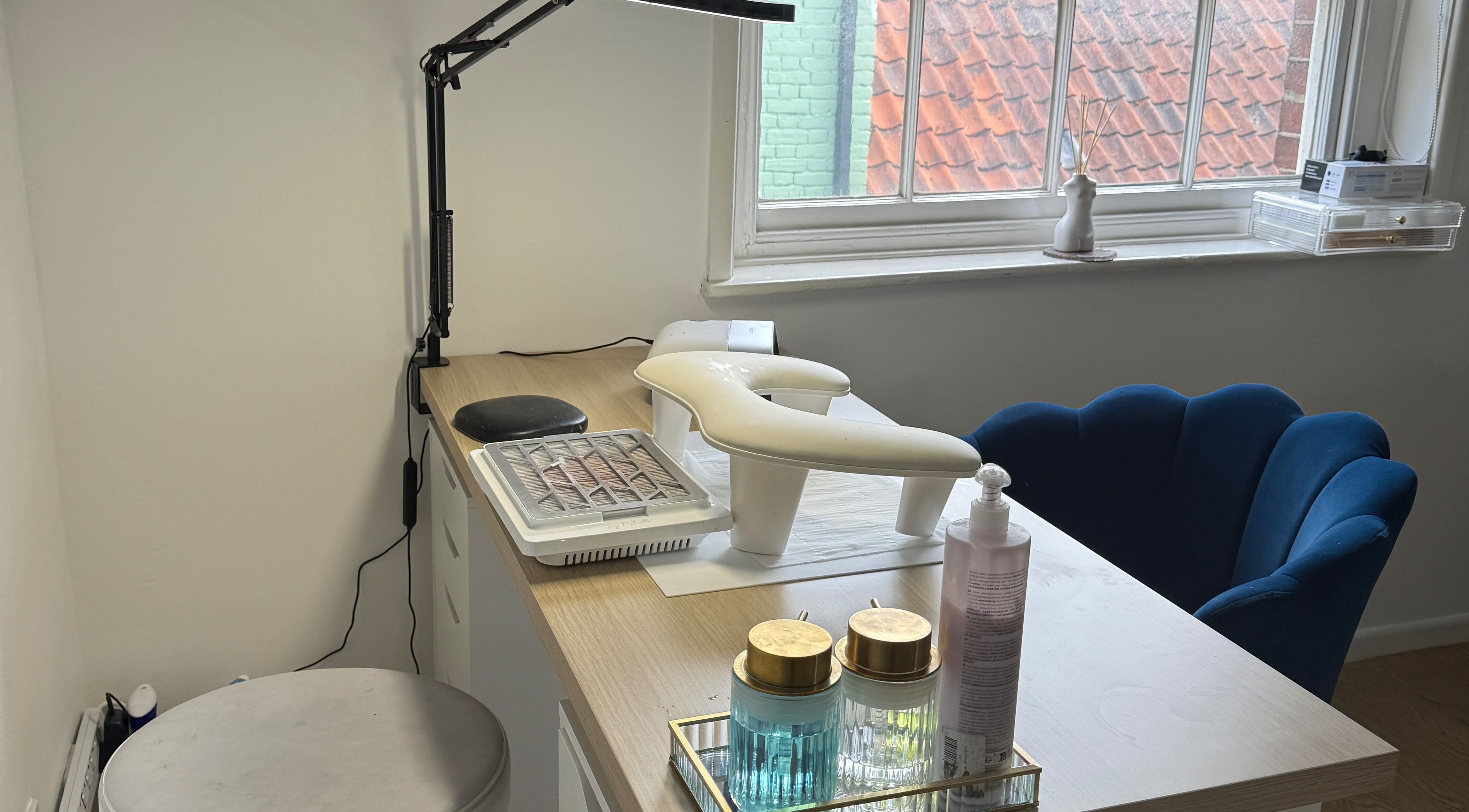 Elegant nail station at H L Beauty, Norwich, England, GB, promoting a serene manicure experience.