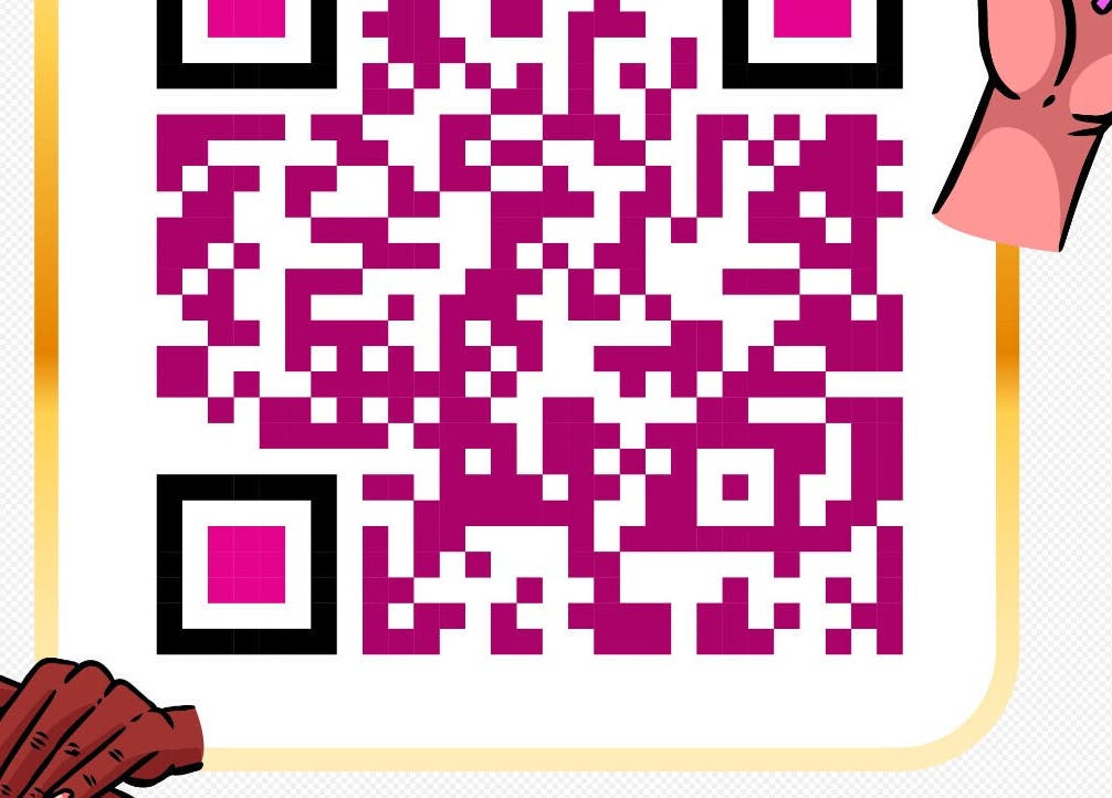 Stylized QR code for BlingQueen Beauty Bar in Enterprise, Chaguanas, TT, featuring artistic hand graphics.