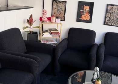 Inviting seating area at Leiahs Lashes with plush chairs and decor in Royal Tunbridge Wells, England, GB.