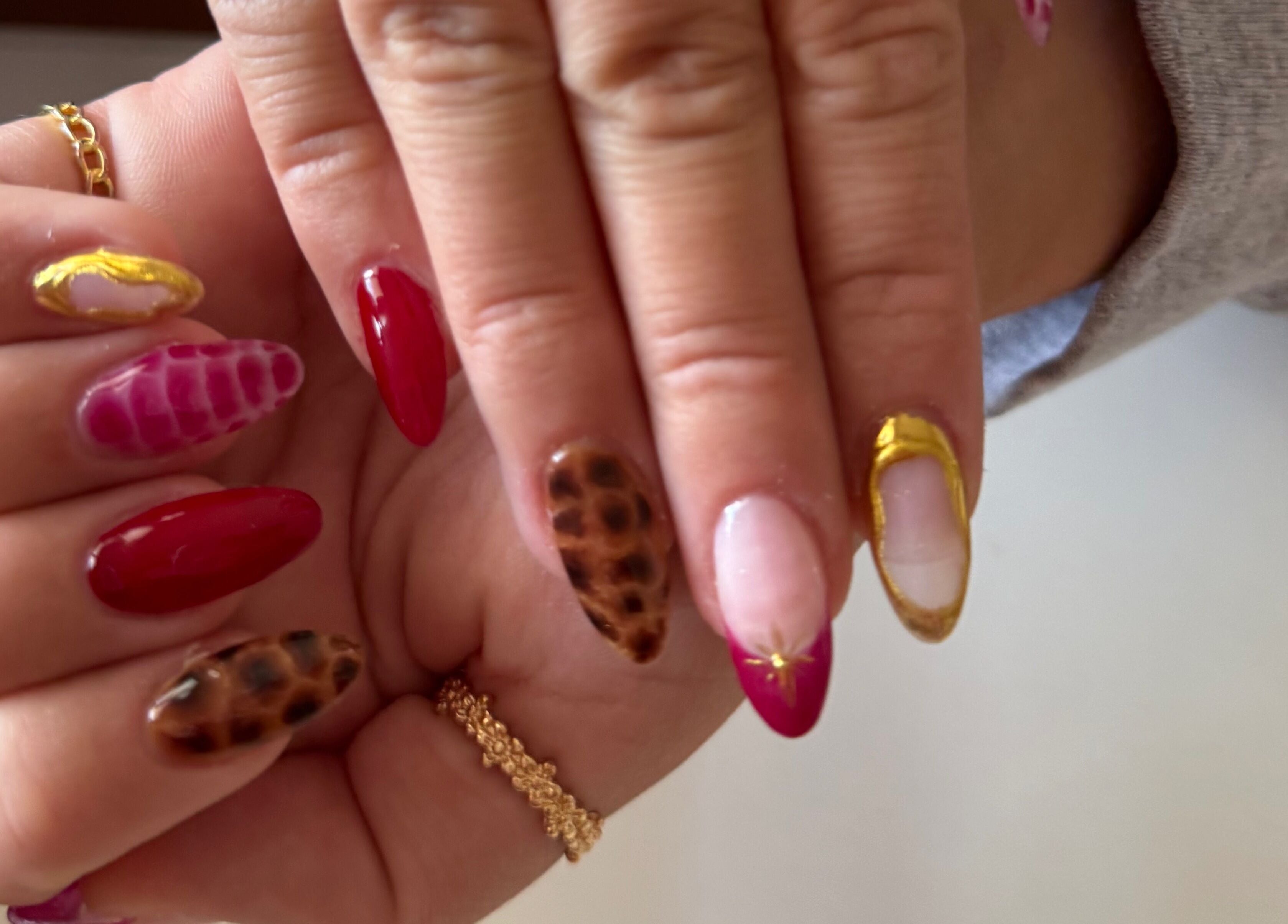 Stylish nail art designs at Melia Nailed It in Tucson, Arizona, US featuring gold accents and animal print.