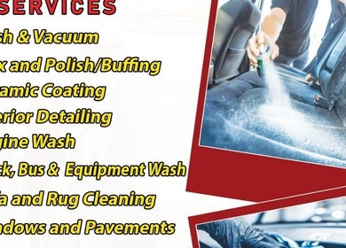 List of services by King's Mobile Carwash and Upholstery, JM including wash, vacuum, and interior detailing.