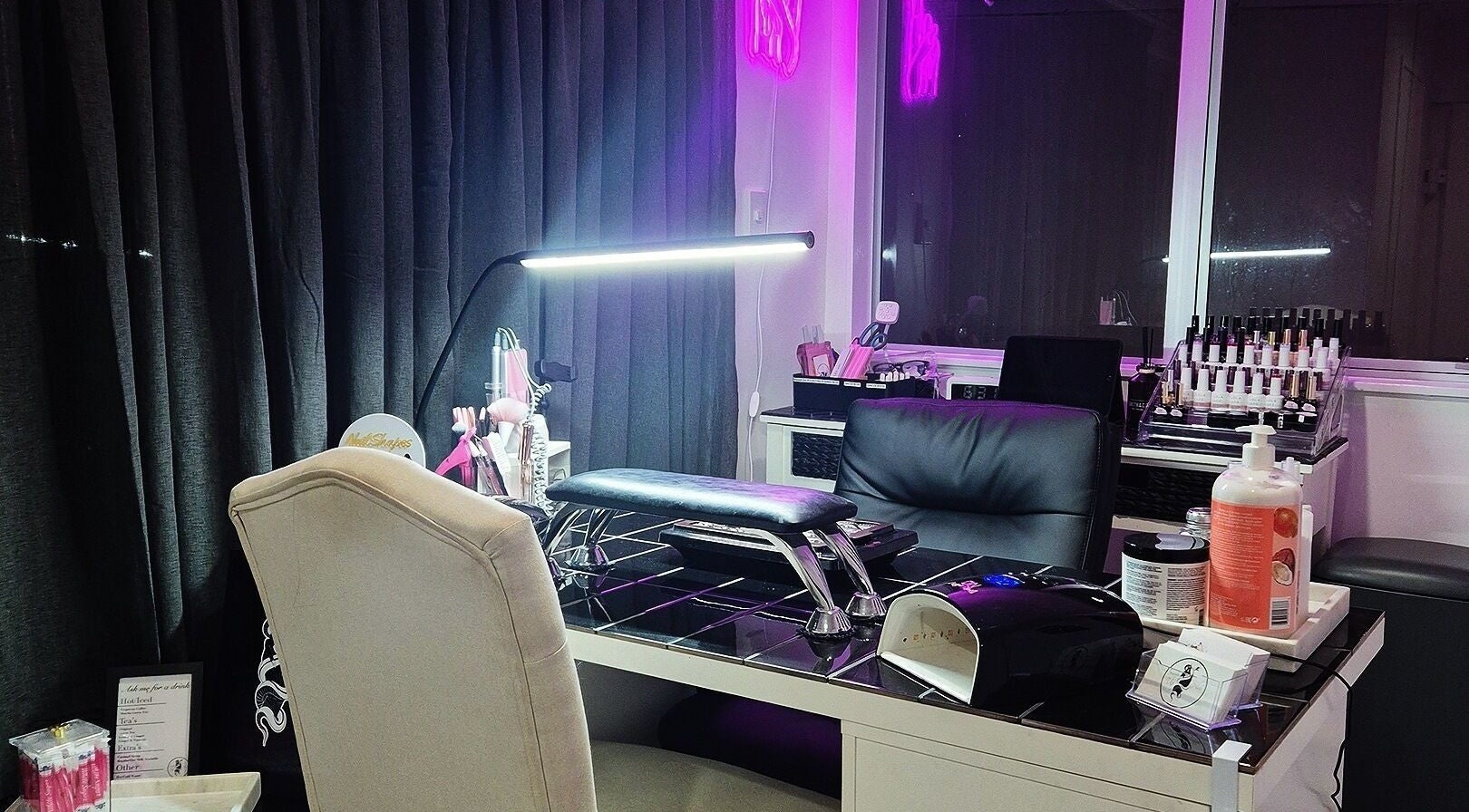 Cozy nail station at Straight Up Nails in Auckland, Auckland, NZ, featuring modern decor and tools.