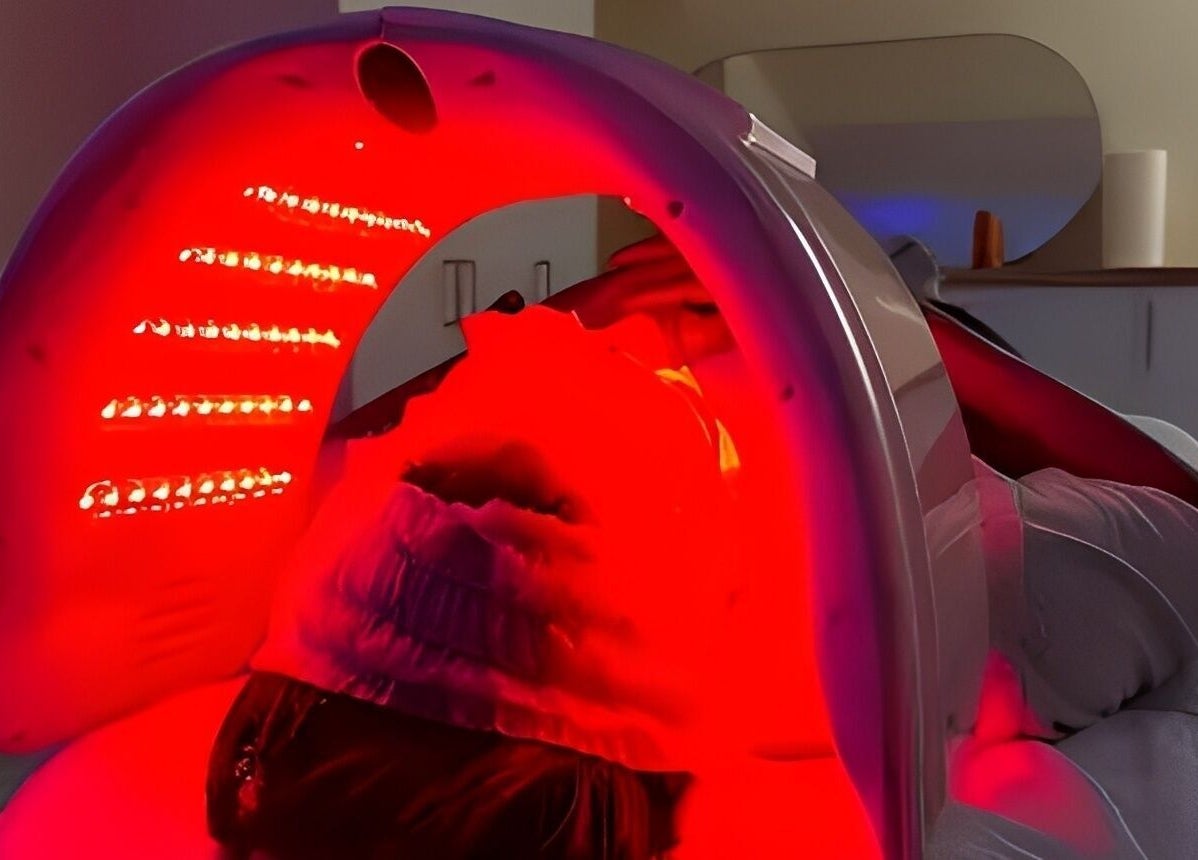LED light therapy session at LAYORA AESTHETICS, Toronto, Ontario, CA, promoting skin health and relaxation.
